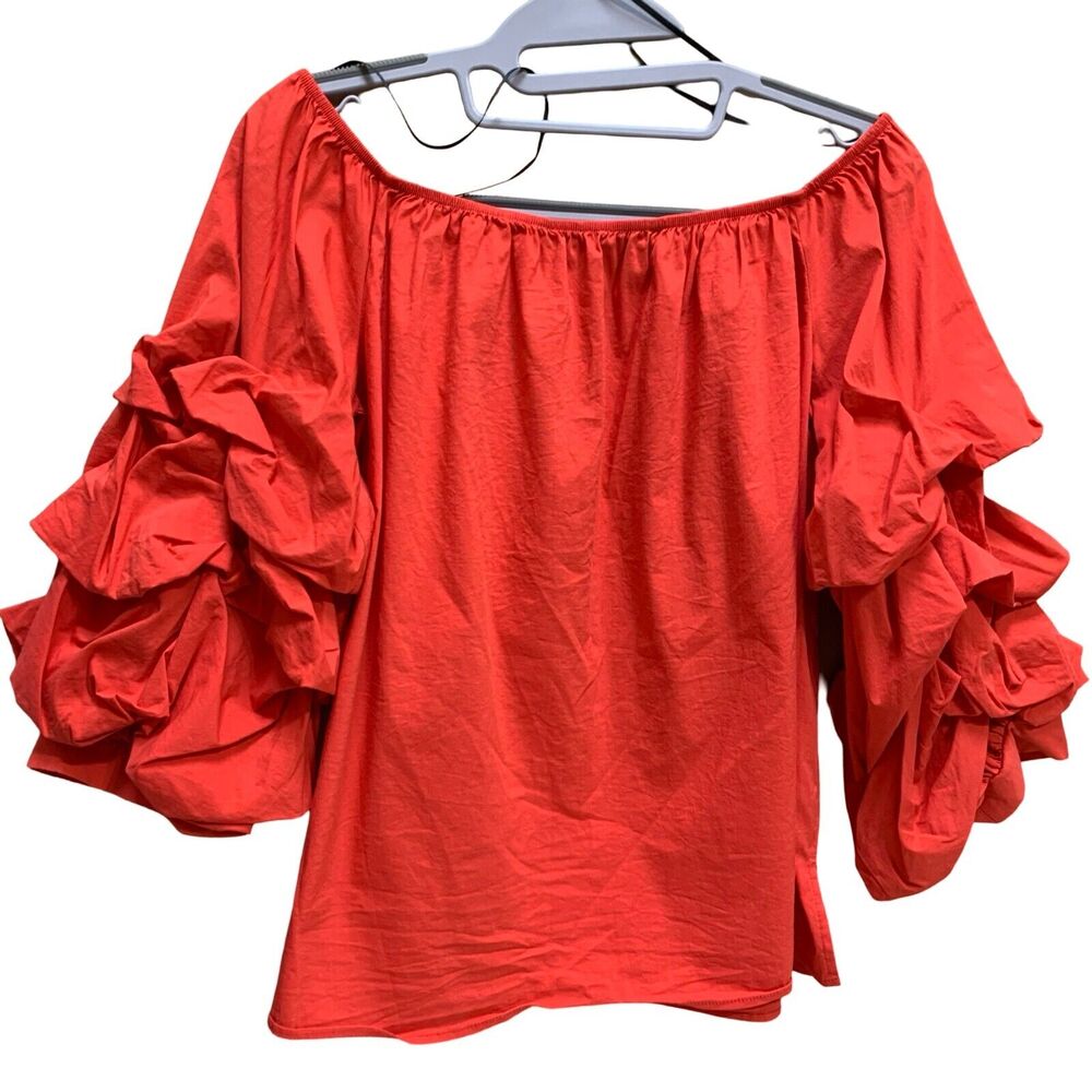 ZARA WOMAN Fire Engine Red Layered Puffy Sleeves Off Shoulder Top SZ Small